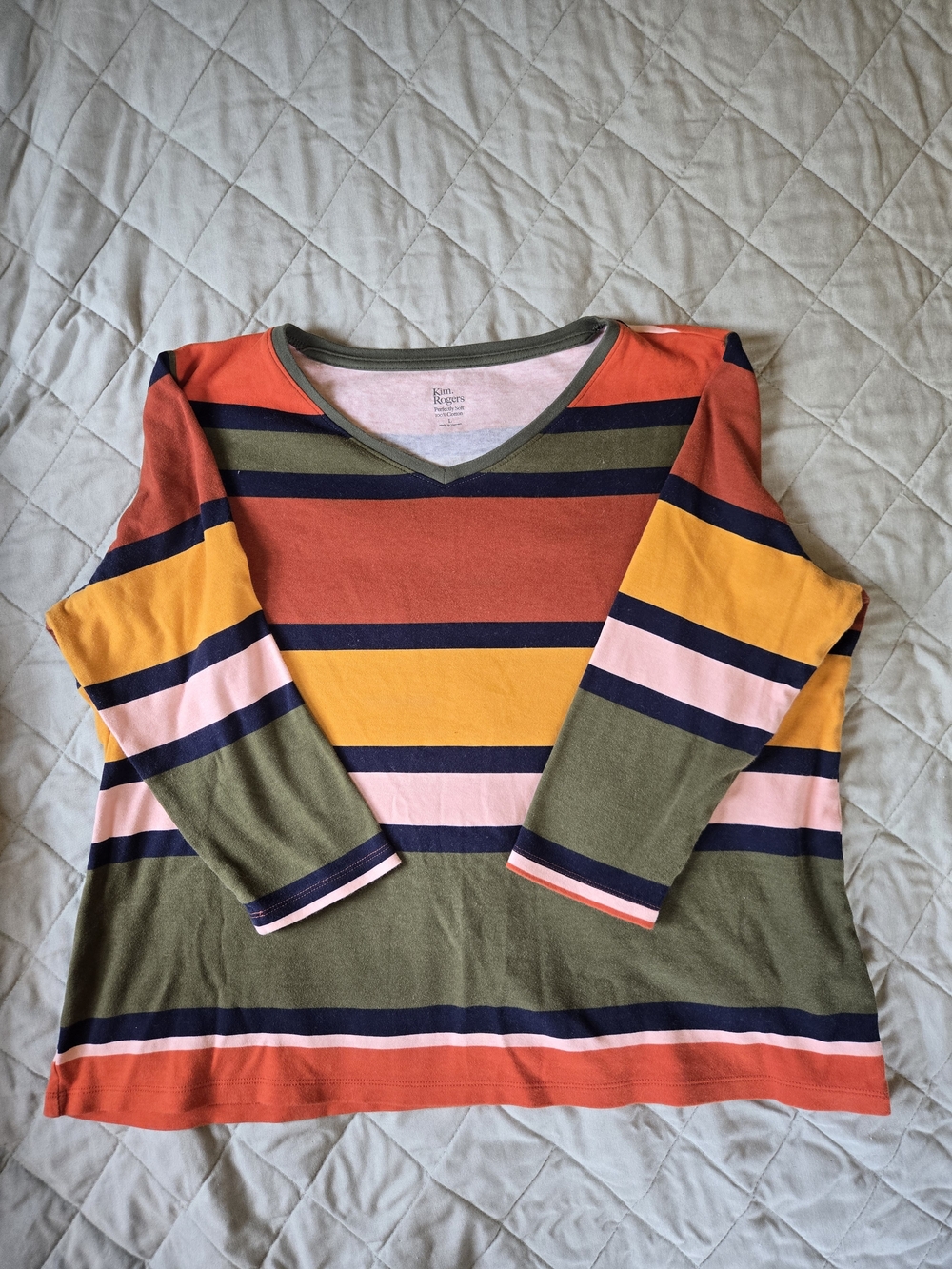 Kim Rogers Multicolor Striped V-Neck Top — Rust, Mustard, Olive, Pink, Navy